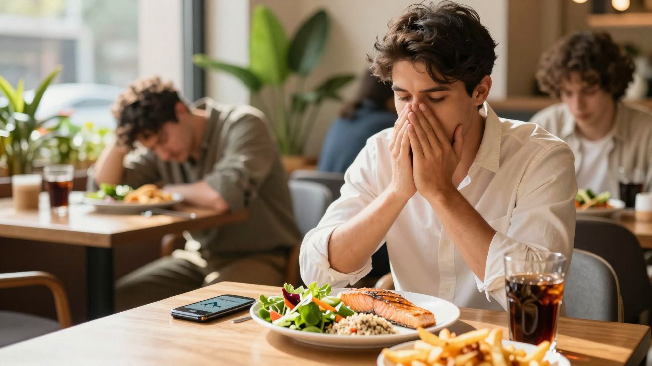 Homem em restaurante comendo salmão e salada, mostrando sinais de desconforto ou náusea.