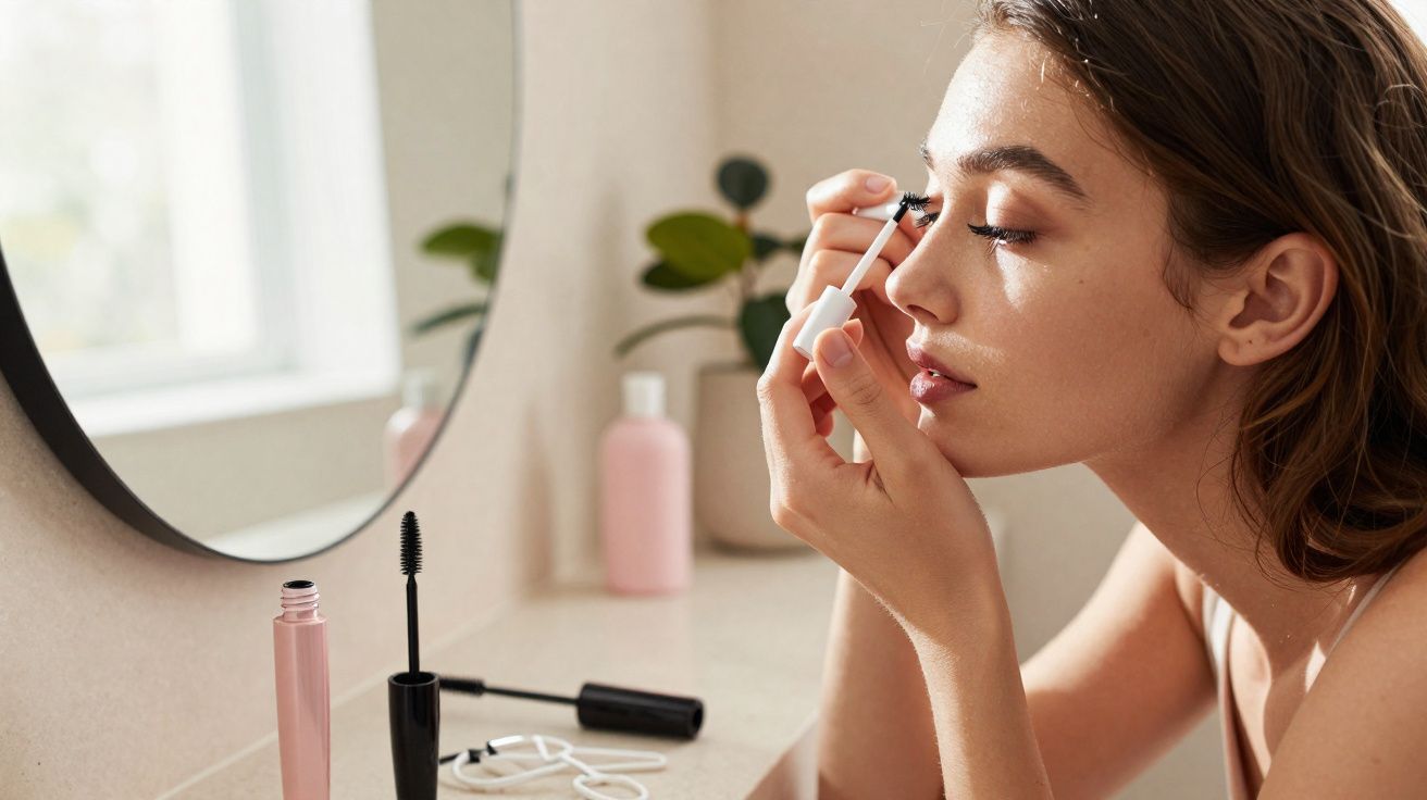 Mulher aplicando rímel nos cílios sentada em frente a espelho em ambiente iluminado.