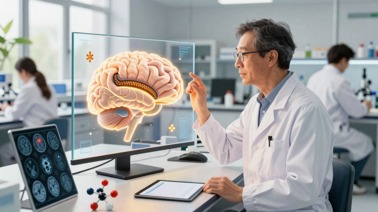 Cientista interagindo com holograma de cérebro em laboratório, com colegas ao fundo realizando pesquisas.