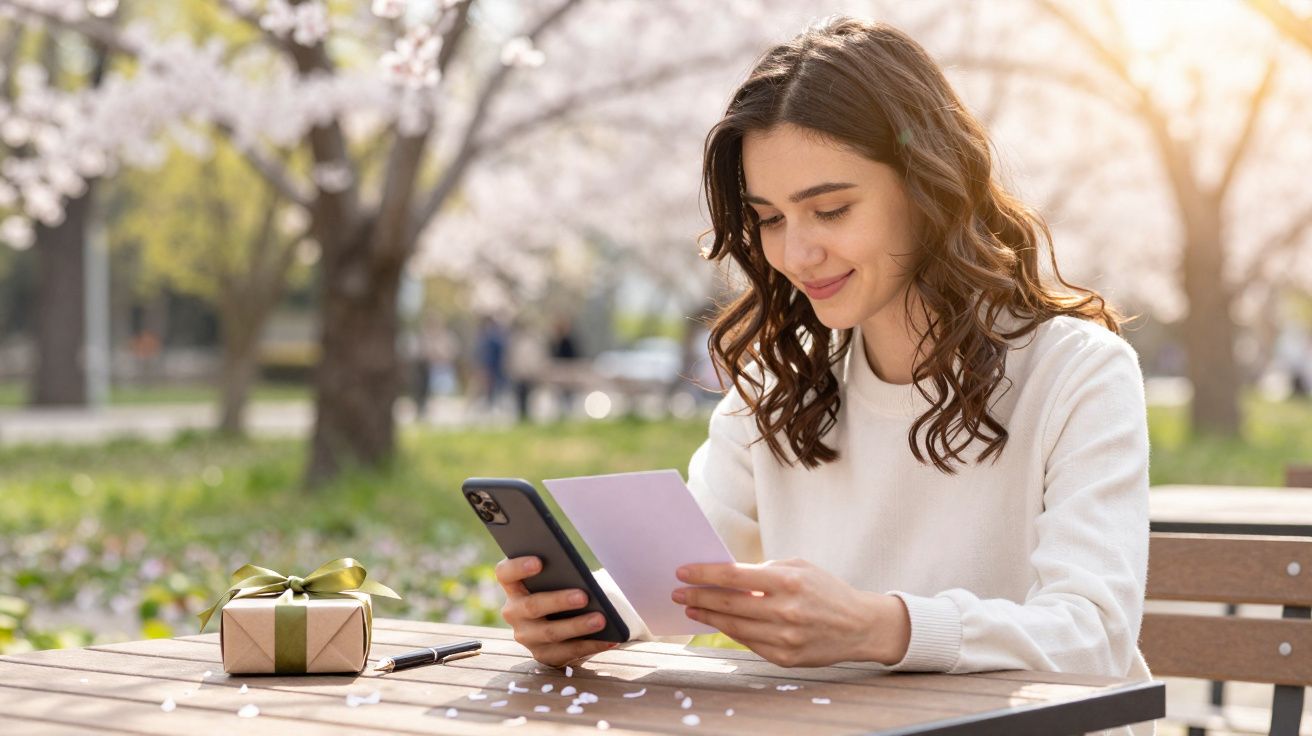 Jovem sorrindo lendo carta sentada em banco ao ar livre com presente e celular na mesa.