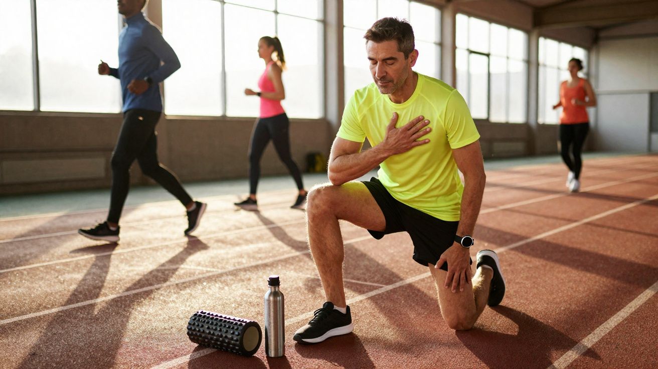 Homem com camiseta amarela ajoelhado na pista de corrida sentindo dor no peito, ao lado de hidratante e rolo de massagem.