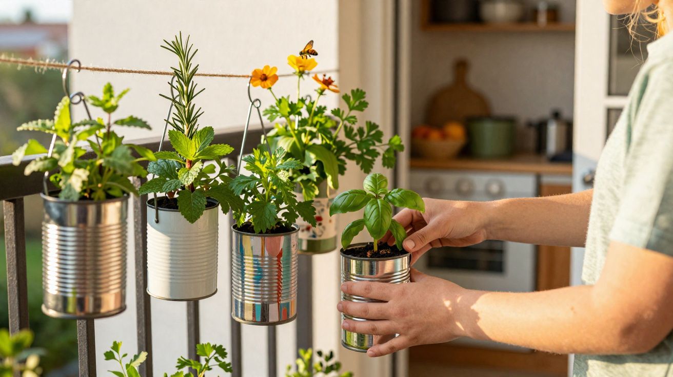 Pessoa cuidando de plantas em latas penduradas em uma varanda iluminada pelo sol.