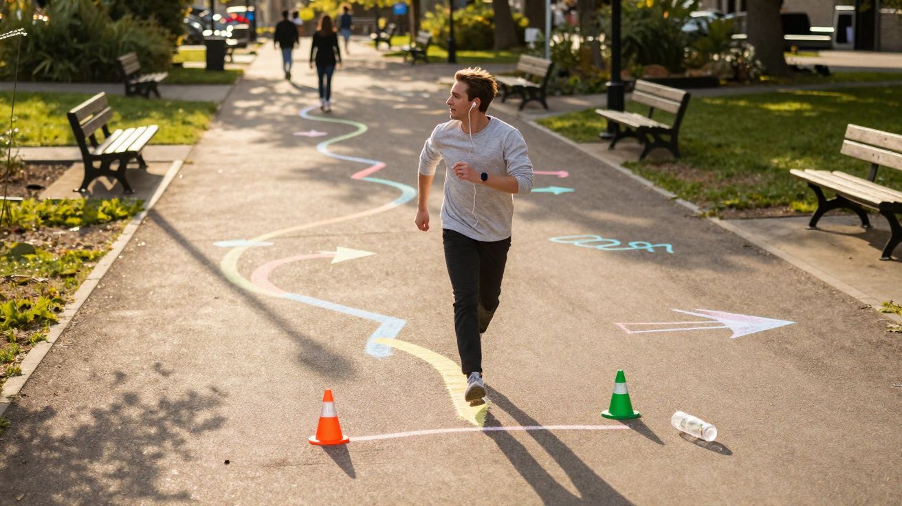 Homem correndo no parque com caminhos coloridos desenhados no chão e cones laranja e verde.