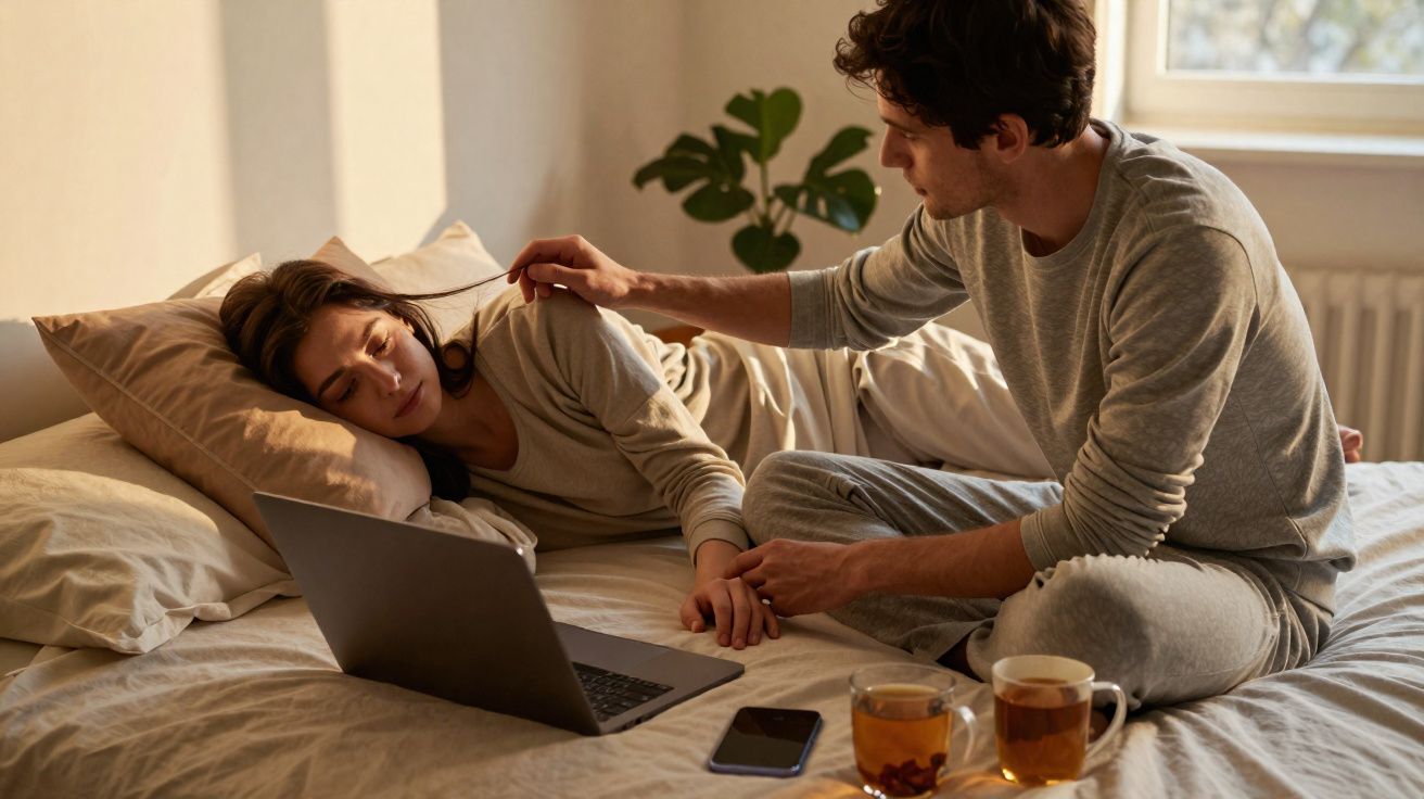Casal sentado na cama com laptop e chá, homem acaricia cabelo da mulher que está deitada.