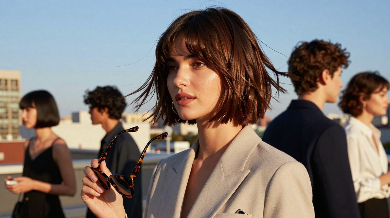 Mulher de cabelos curtos castanhos claros segurando óculos escuros, com quatro pessoas ao fundo em ambiente externo.