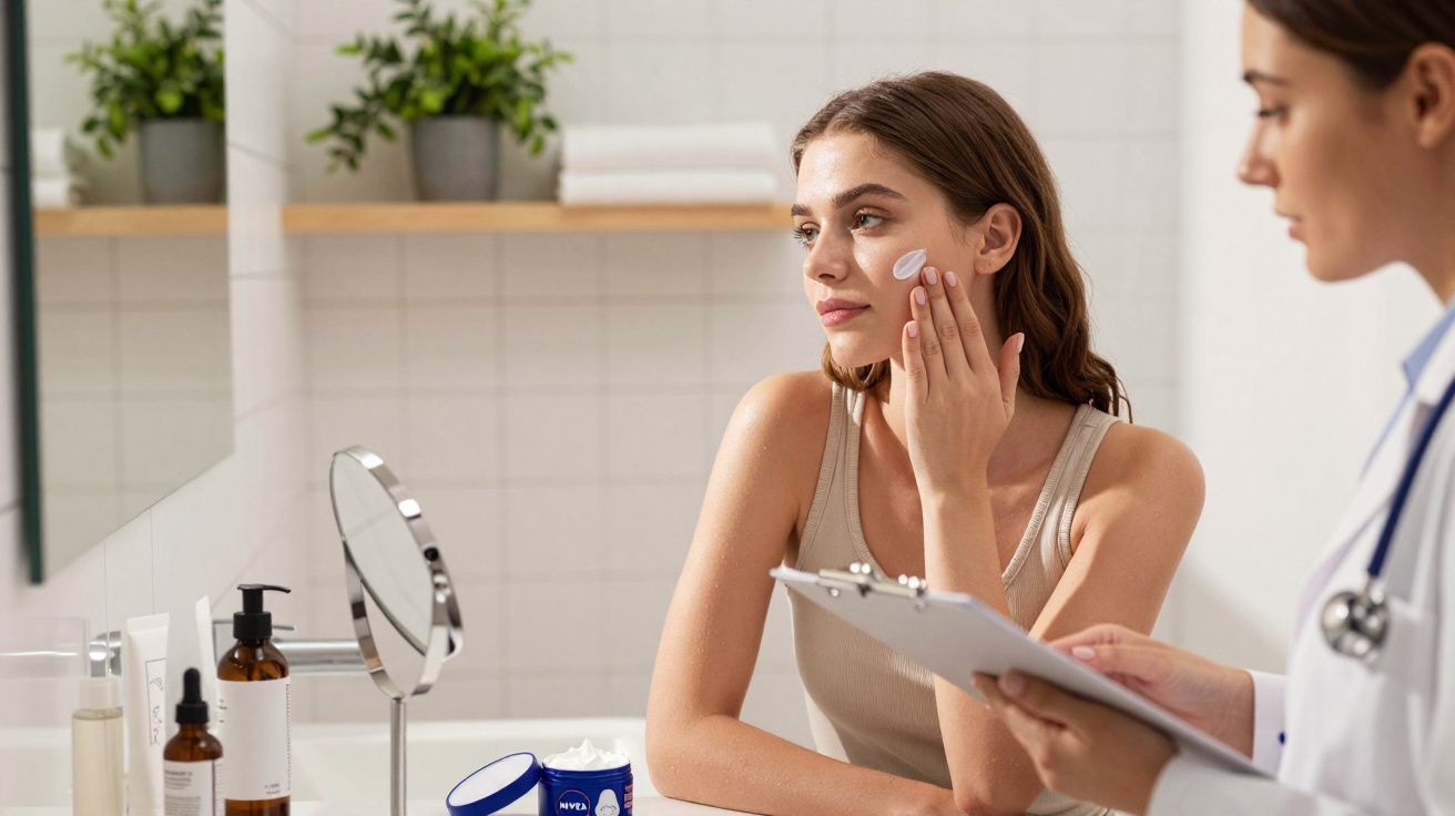 Jovem aplicando creme no rosto durante consulta com médica segurando prancheta em clínica.