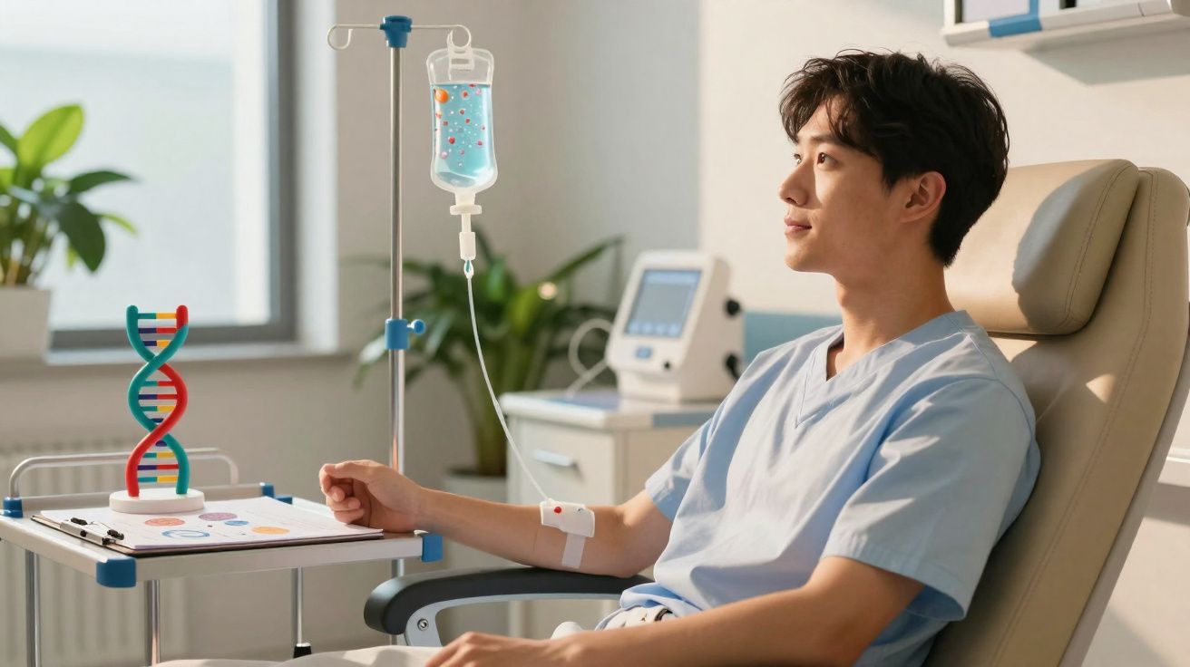 Homem recebendo tratamento de soro intravenoso em cadeira de clínica médica, ao lado de mesa com modelo de DNA.