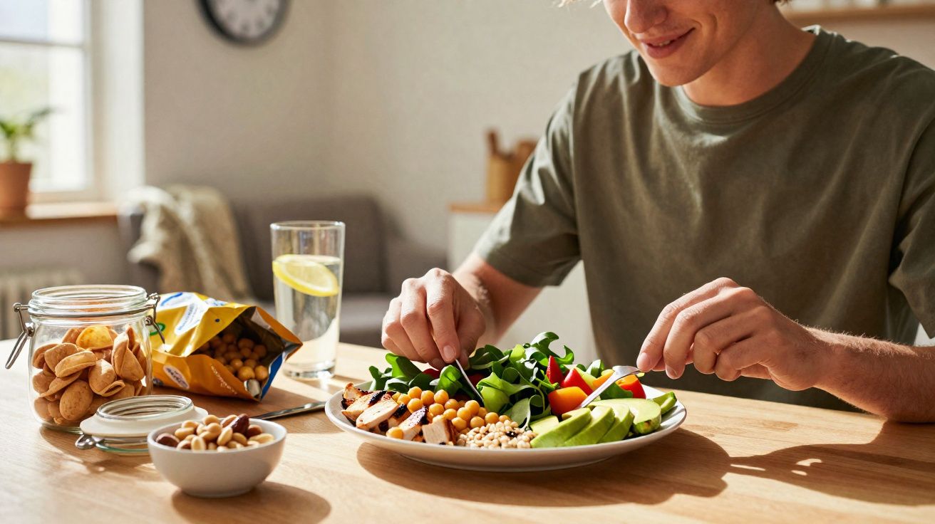 Pessoa arrumando salada colorida com grão-de-bico, abacate e legumes, em mesa com snacks e copo d’água.