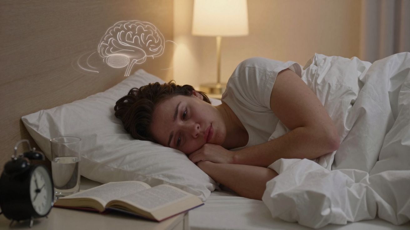 Mulher deitada na cama, acordada e preocupada com desenho de cérebro acima da cabeça.
