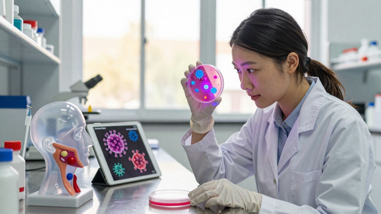 Cientista em laboratório analisando placa de petri com vírus coloridos sob luz ultravioleta.