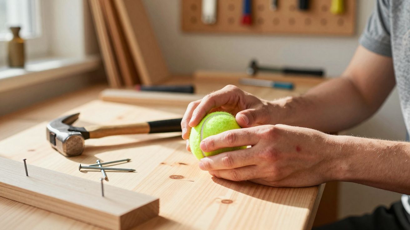 Pessoa segurando uma bola de tênis junto a martelo e pregos sobre mesa de madeira.