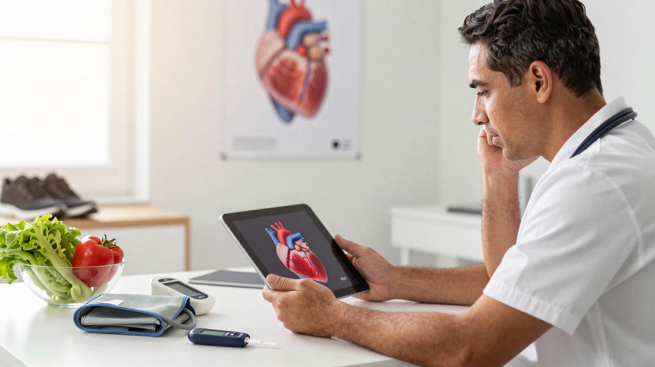 Médico analisando imagem digital do coração em tablet, com equipamentos médicos e alimentos saudáveis na mesa.