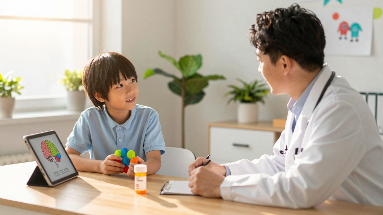 Criança com brinquedo colorido em consulta médica com pediatra em ambiente iluminado e acolhedor.