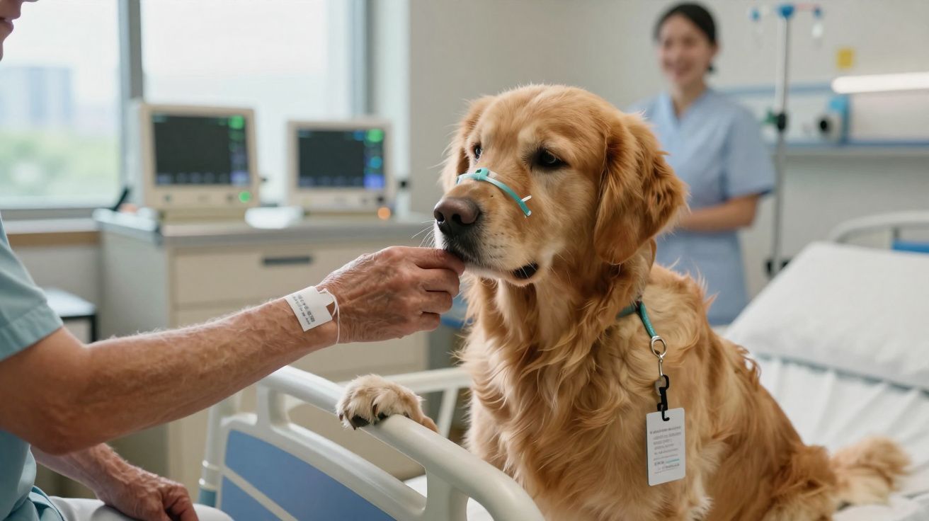 Cachorro da raça golden retriever com sonda nasal em leito hospitalar, perto de paciente e enfermeira sorrindo ao fundo.
