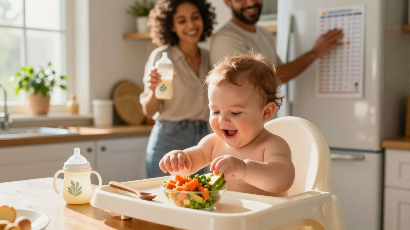 Bebê sorrindo no cadeirão com prato de legumes, pais felizes ao fundo na cozinha iluminada.