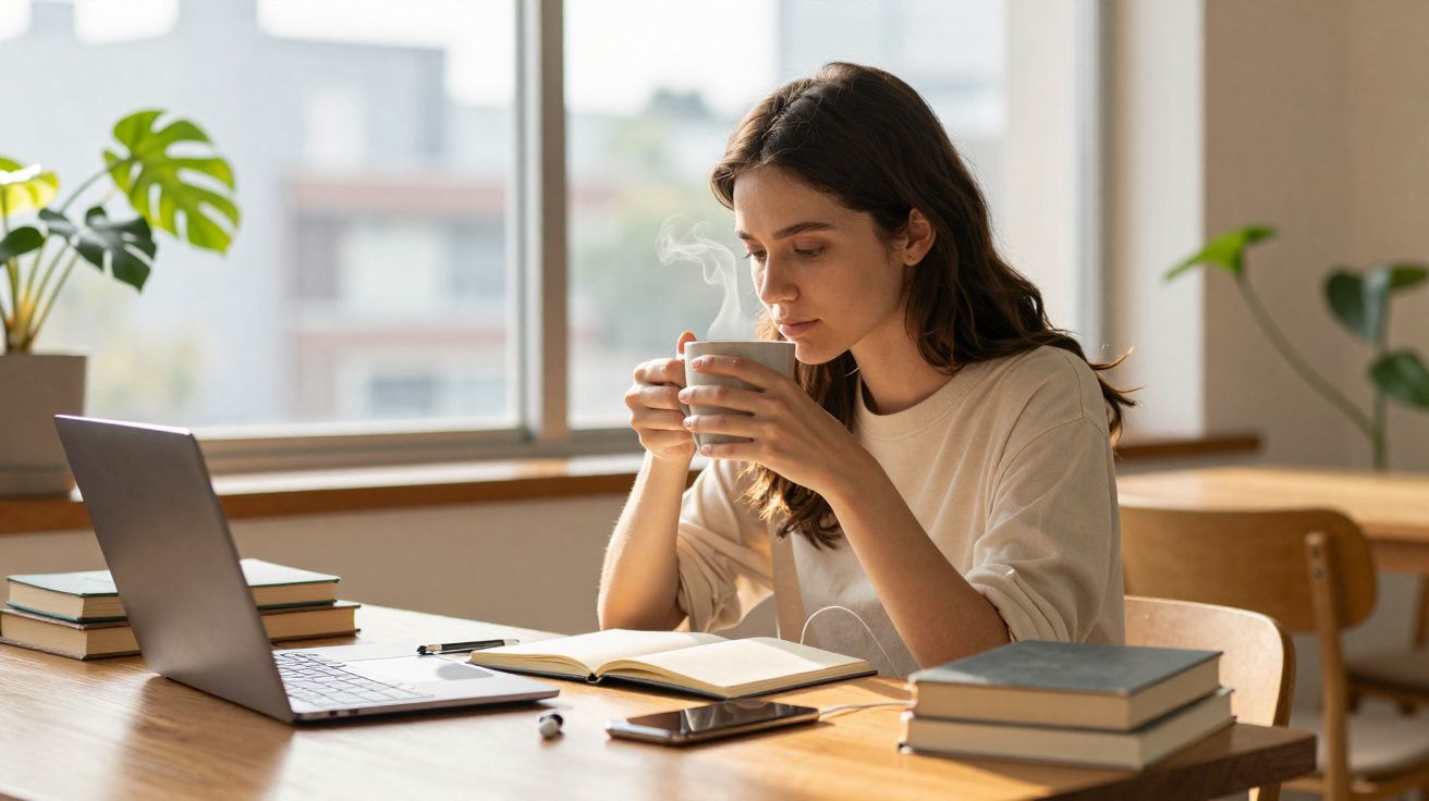 Mulher sentada em mesa com laptop, livros e bebendo bebida quente em ambiente iluminado por janela.