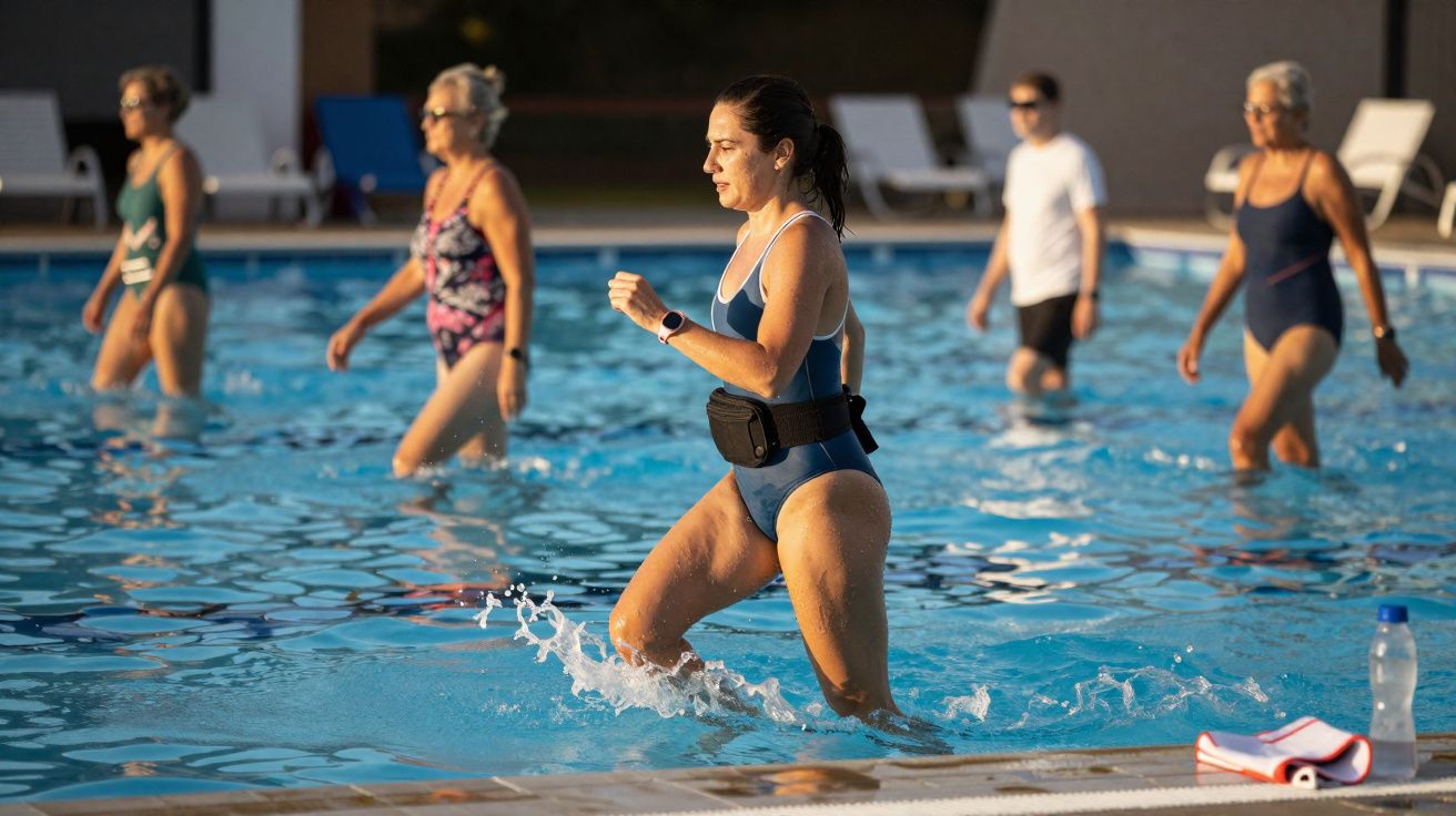 Grupo de pessoas praticando hidroginástica em piscina ao ar livre ao entardecer.
