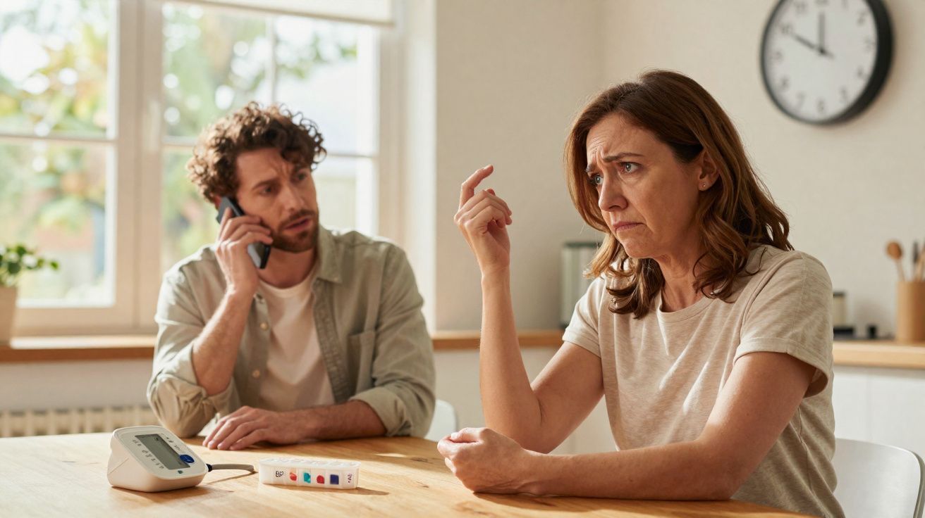 Mulher preocupada à mesa com homem ao fundo falando ao telefone e aparelho de medição de pressão.