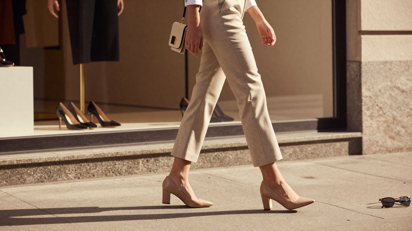 Pessoa caminhando na calçada com calça bege e sapatos de salto médio nude próximo a vitrine de loja.