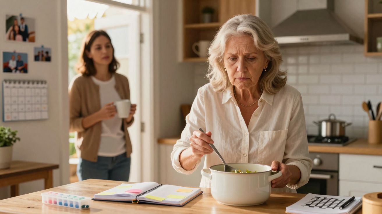 Mulher idosa preocupada cozinhando, enquanto jovem ao fundo segura uma xícara na cozinha moderna.