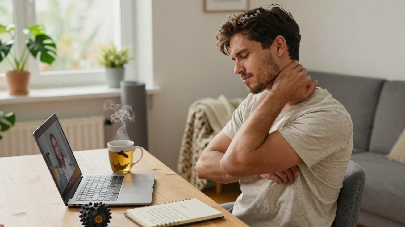 Homem sentado diante de laptop faz videoconferência e massageia o pescoço com expressão de desconforto.