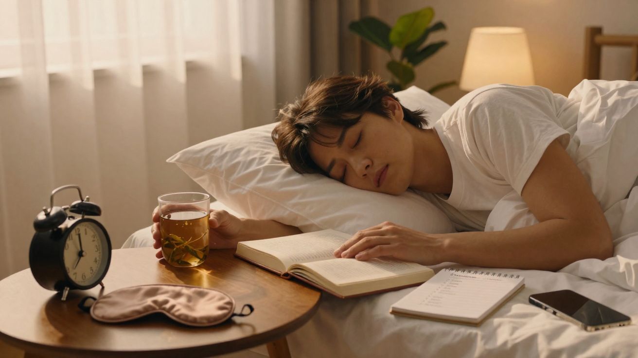 Pessoa dormindo na cama com livro aberto, segurando copo de chá, ao lado de mesa com despertador e máscara de dormir.