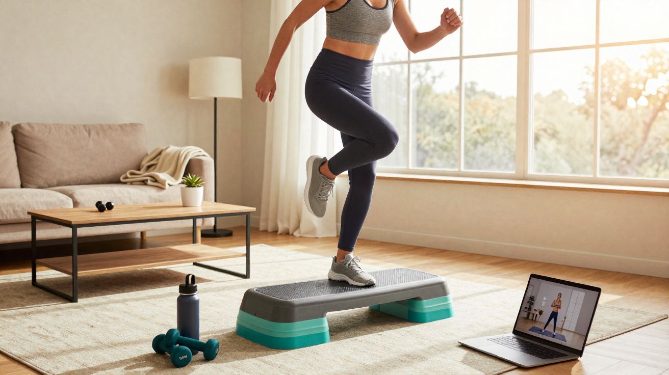 Mulher fazendo exercício de step dentro de casa assistindo treino em laptop.