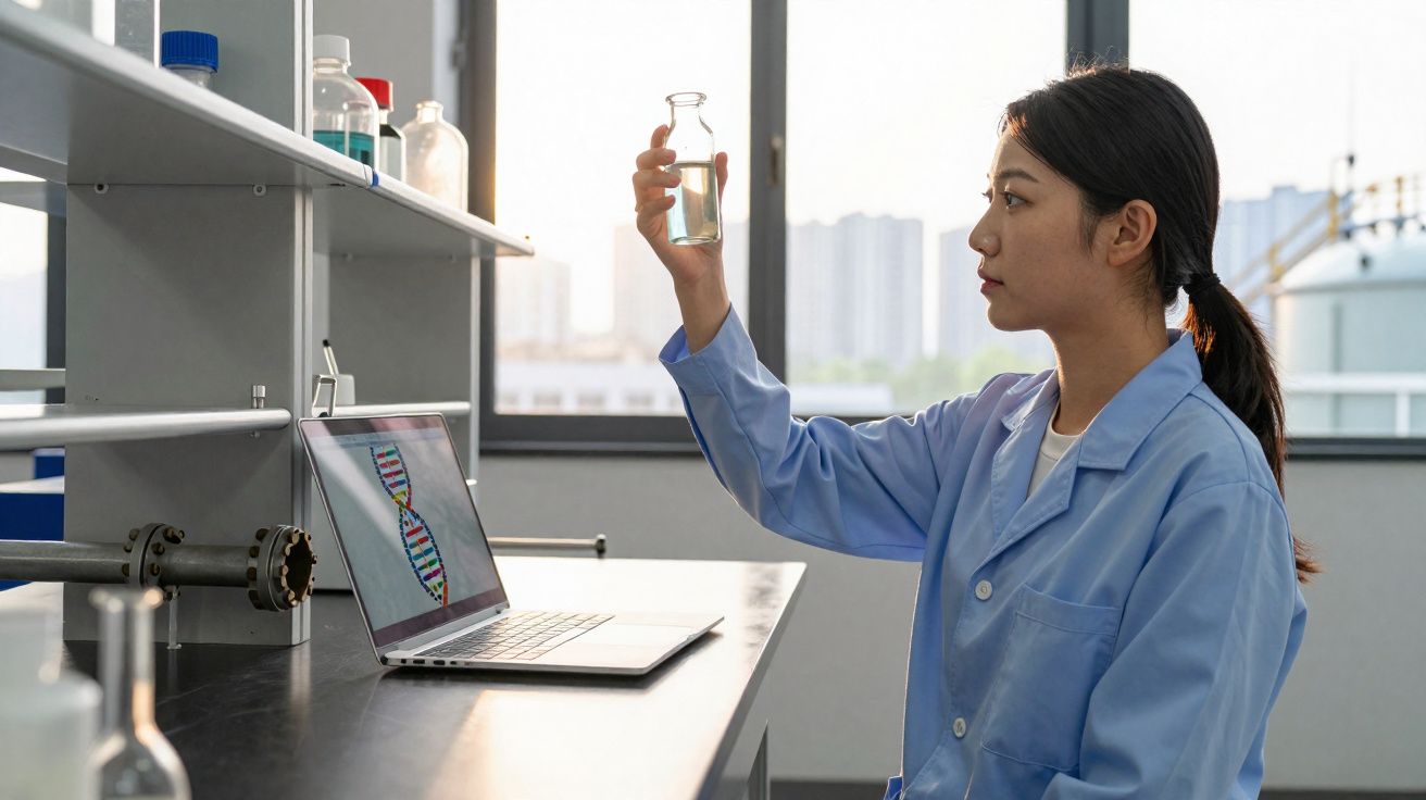 Cientista analisando amostra líquida em frasco, com gráfico de DNA na tela do laptop em laboratório.