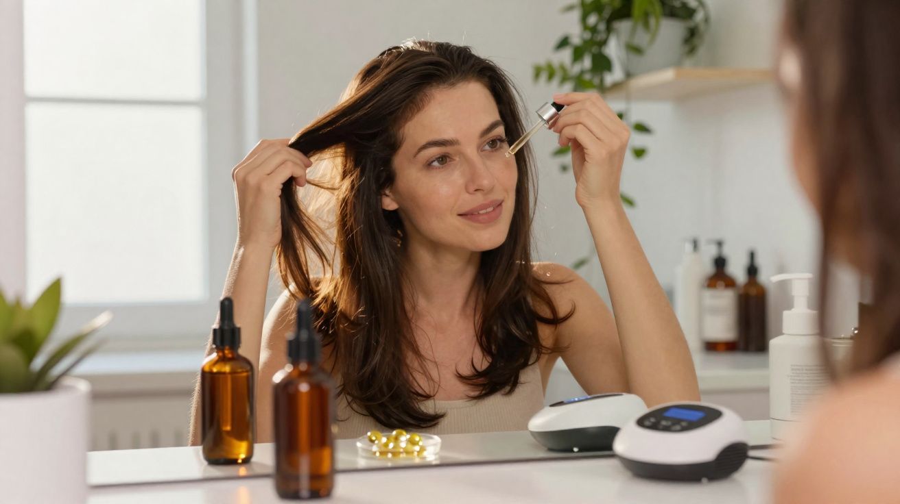 Mulher aplicando sérum facial com conta-gotas em frente ao espelho em ambiente claro e plantas ao fundo.