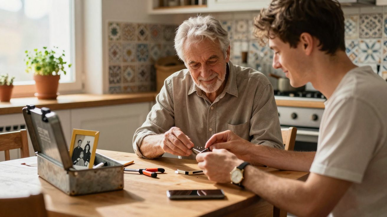 Homem idoso e jovem sentados à mesa consertando um dispositivo eletrônico em cozinha iluminada.