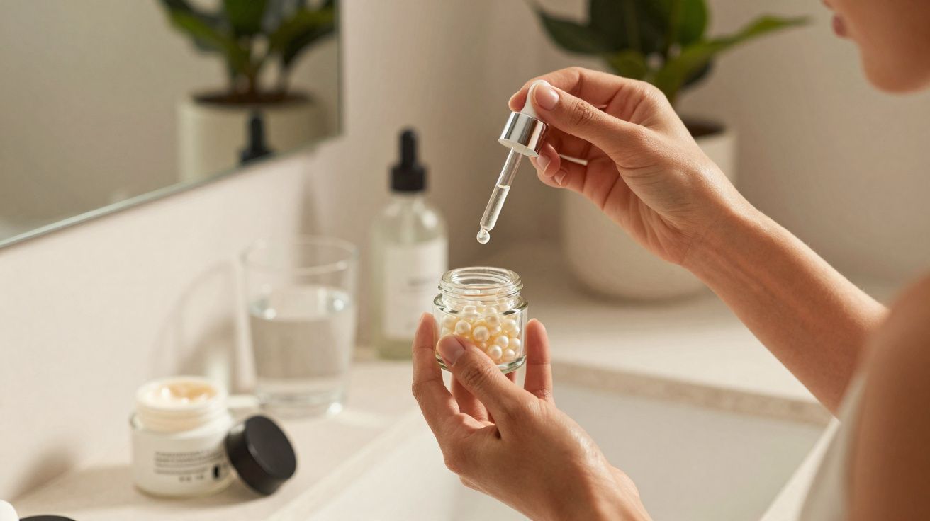Mãos segurando frasco com cápsulas e aplicando sérum com conta-gotas em banheiro iluminado.