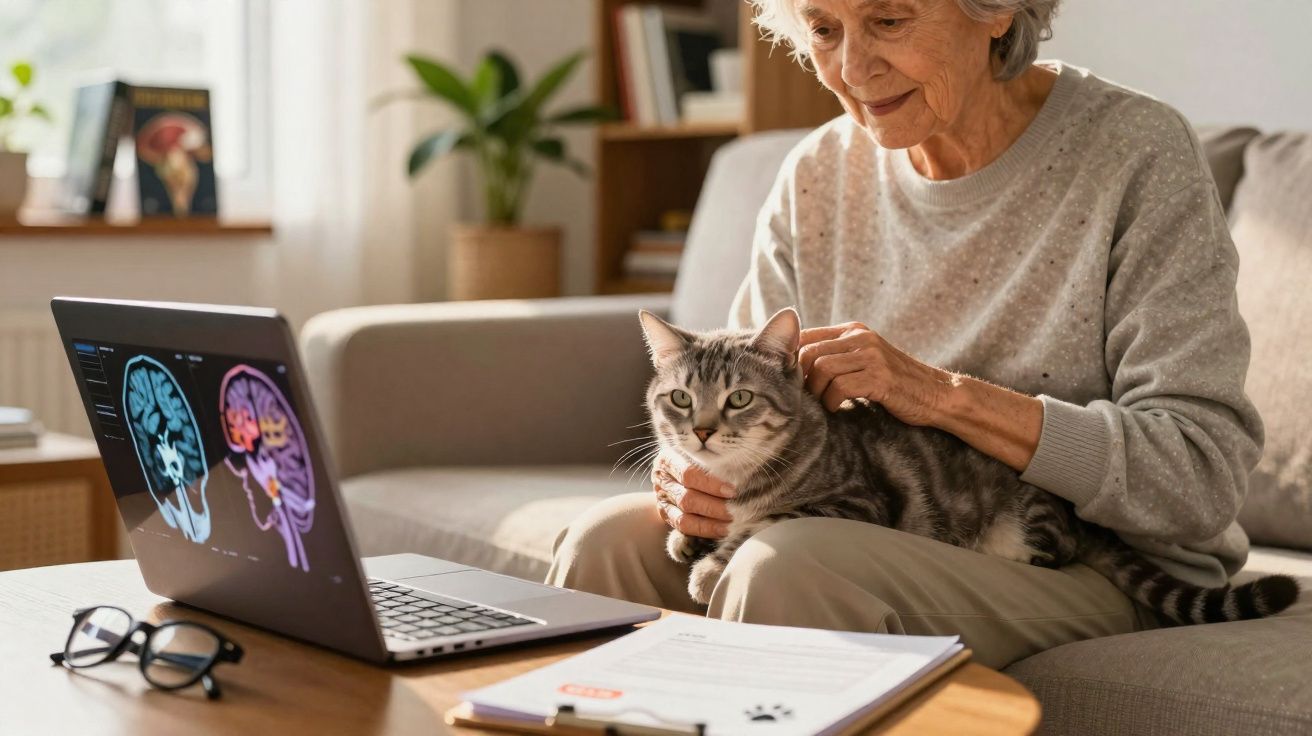 Idosa sentada no sofá acariciando um gato com scanner de cérebro mostrando imagens no laptop à frente.