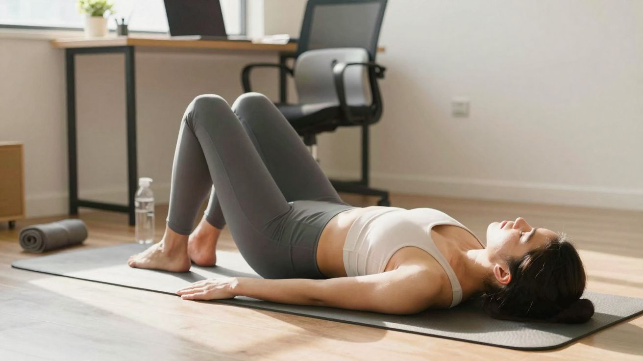 Mulher deitada em um tapete de yoga fazendo exercício de relaxamento em ambiente interno iluminado.