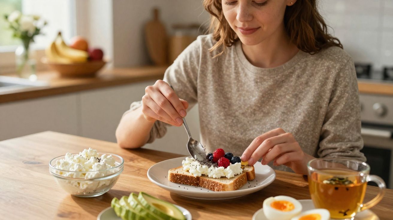Mulher preparando torrada com cream cheese e frutas vermelhas em cozinha iluminada pela manhã.
