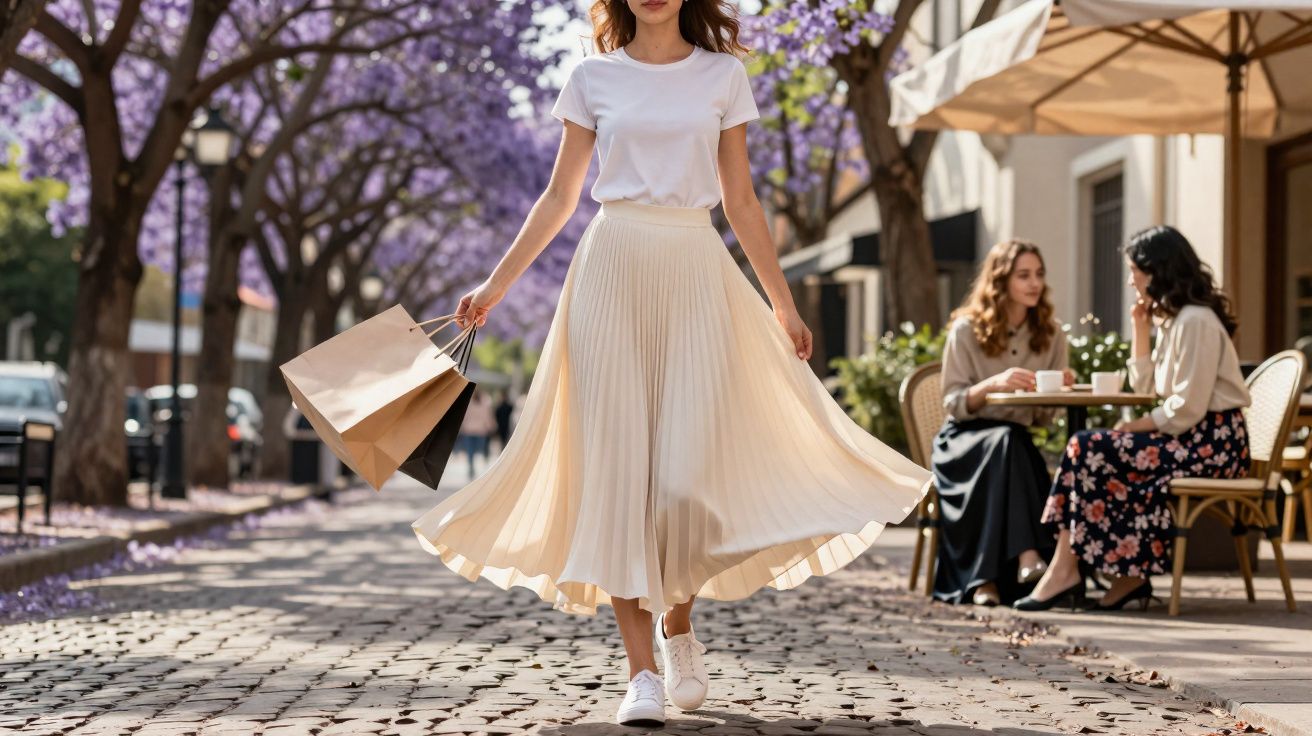Mulher caminhando em rua florido, vestindo saia plissada bege e camiseta branca, carregando sacolas de compras.