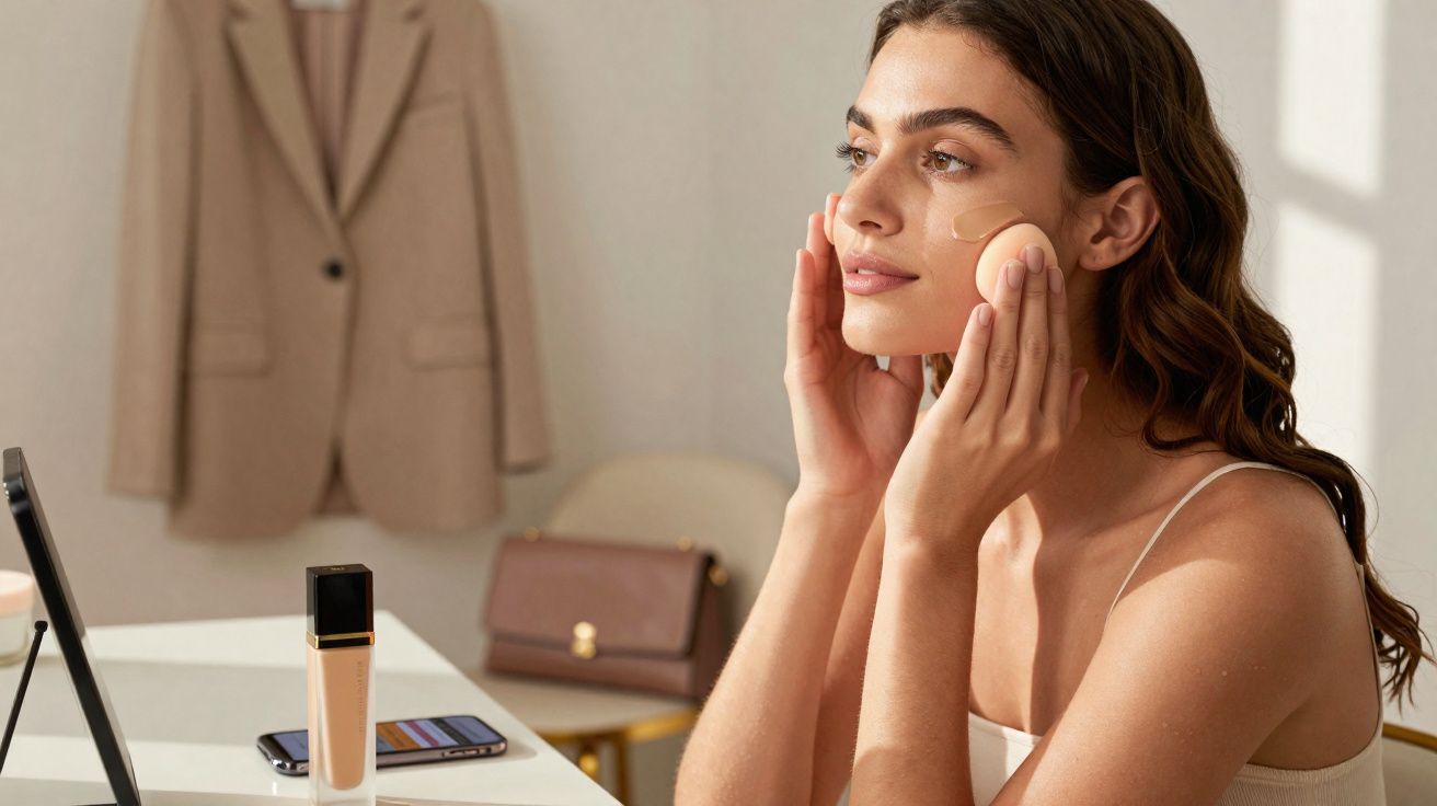 Mulher aplicando base facial com esponja em ambiente claro com blazer ao fundo.