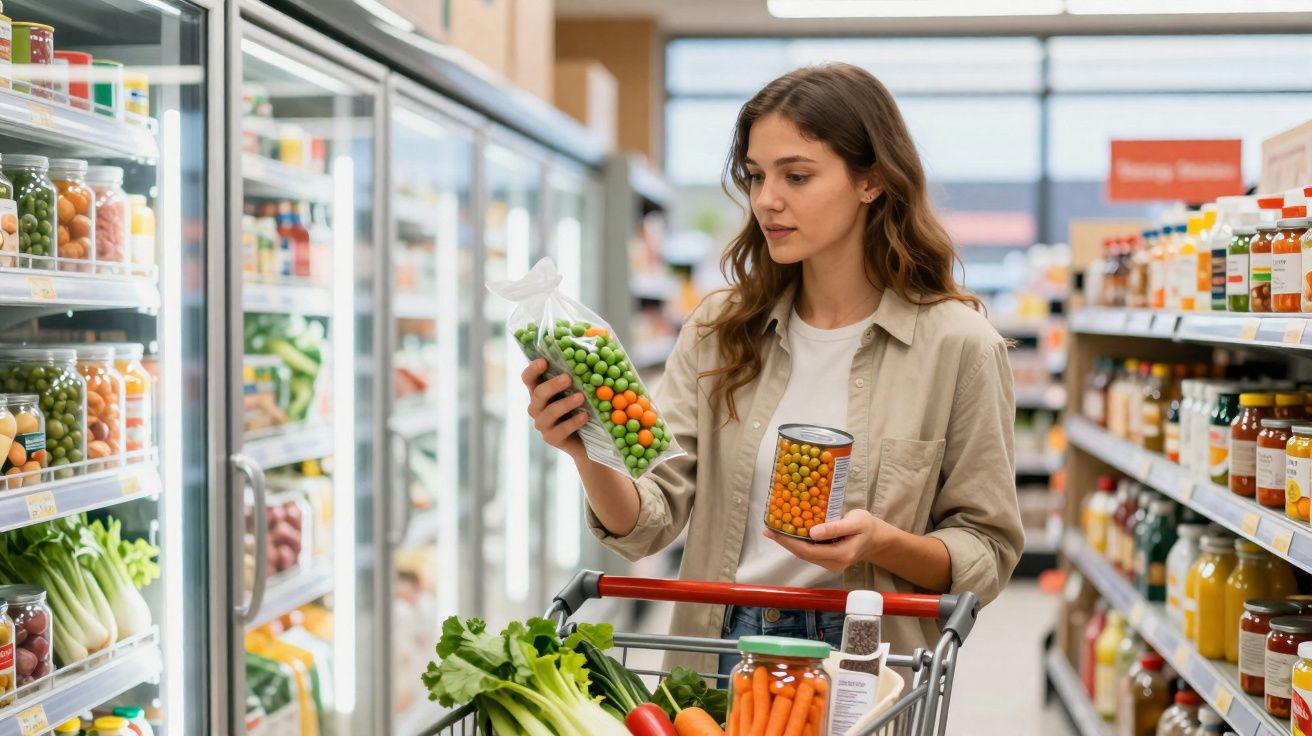 Mulher jovem comparando produtos em embalagem e lata no corredor de supermercado com carrinho de compras.