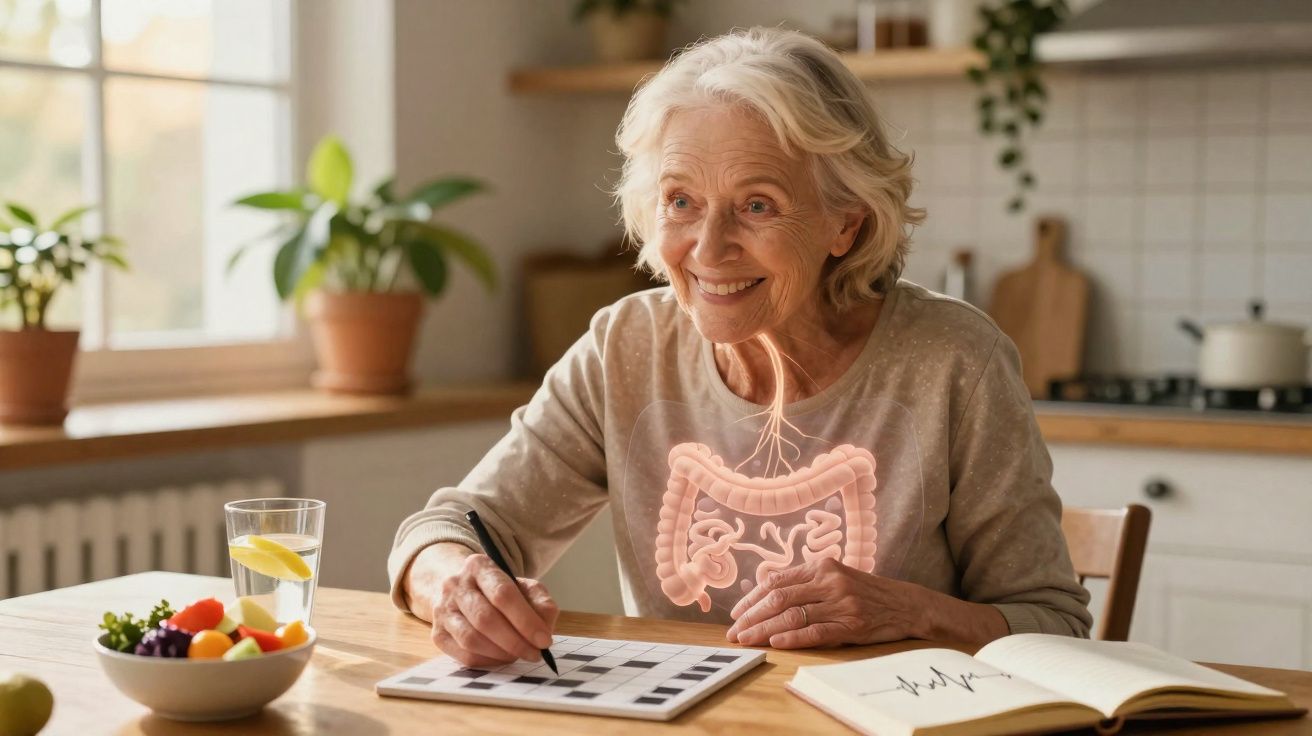 Mulher idosa sorridente resolvendo palavras cruzadas, com ilustração de intestinos na frente dela.