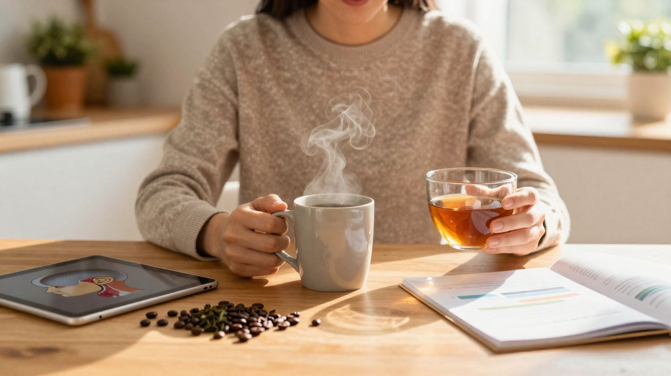 Pessoa segurando caneca fumegante e copo de chá, ao lado de grãos de café, tablet e livro aberto sobre mesa.