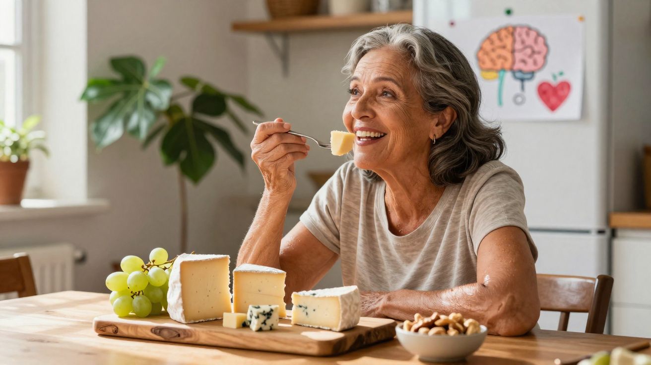 Mulher idosa sorridente comendo queijo à mesa com tábua de queijos e uvas em cozinha iluminada.