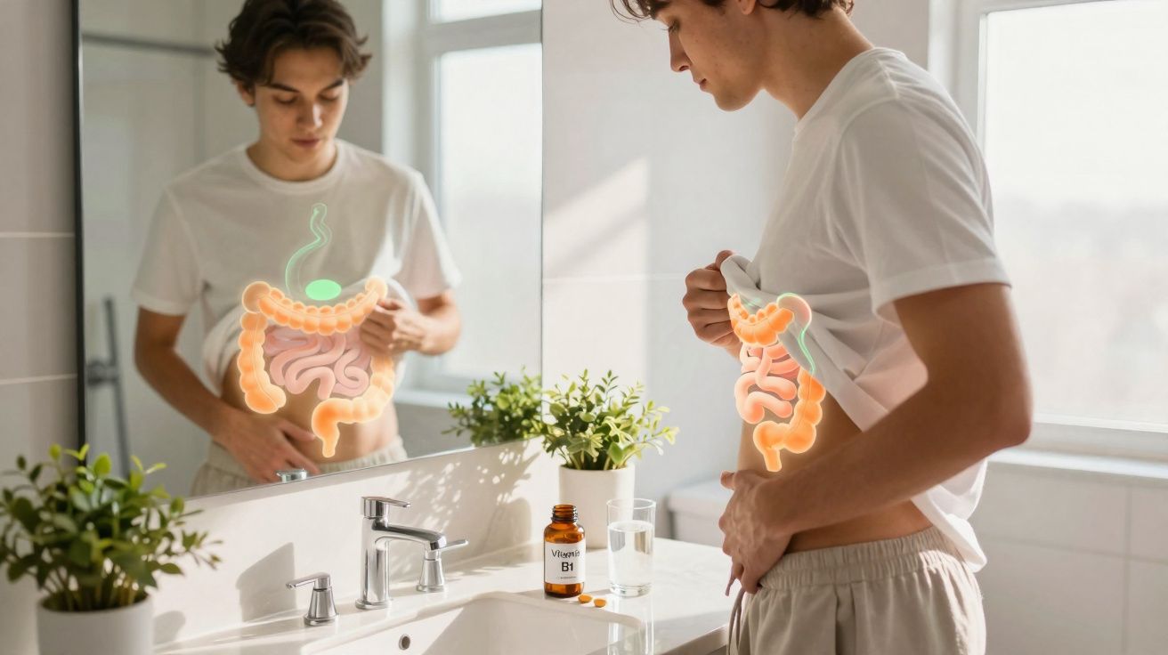 Homem olhando para o espelho segurando a barriga com imagem digital do sistema digestivo em destaque.