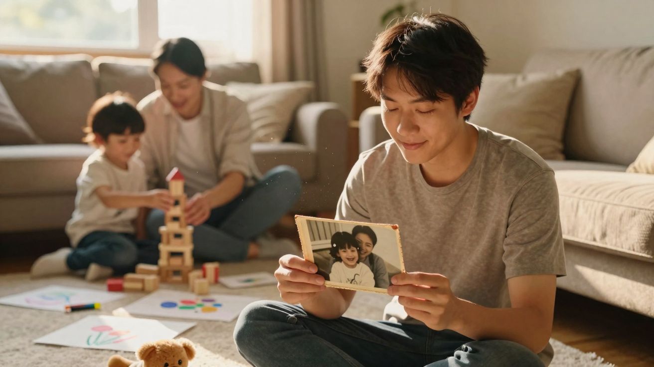 Jovem sentado no chão segurando foto, enquanto criança e adulto constroem torre de blocos ao fundo.
