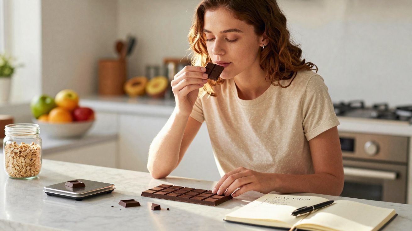 Mulher sentada na cozinha saboreando pedaço de chocolate com bloco de chocolate e caderno sobre a mesa.