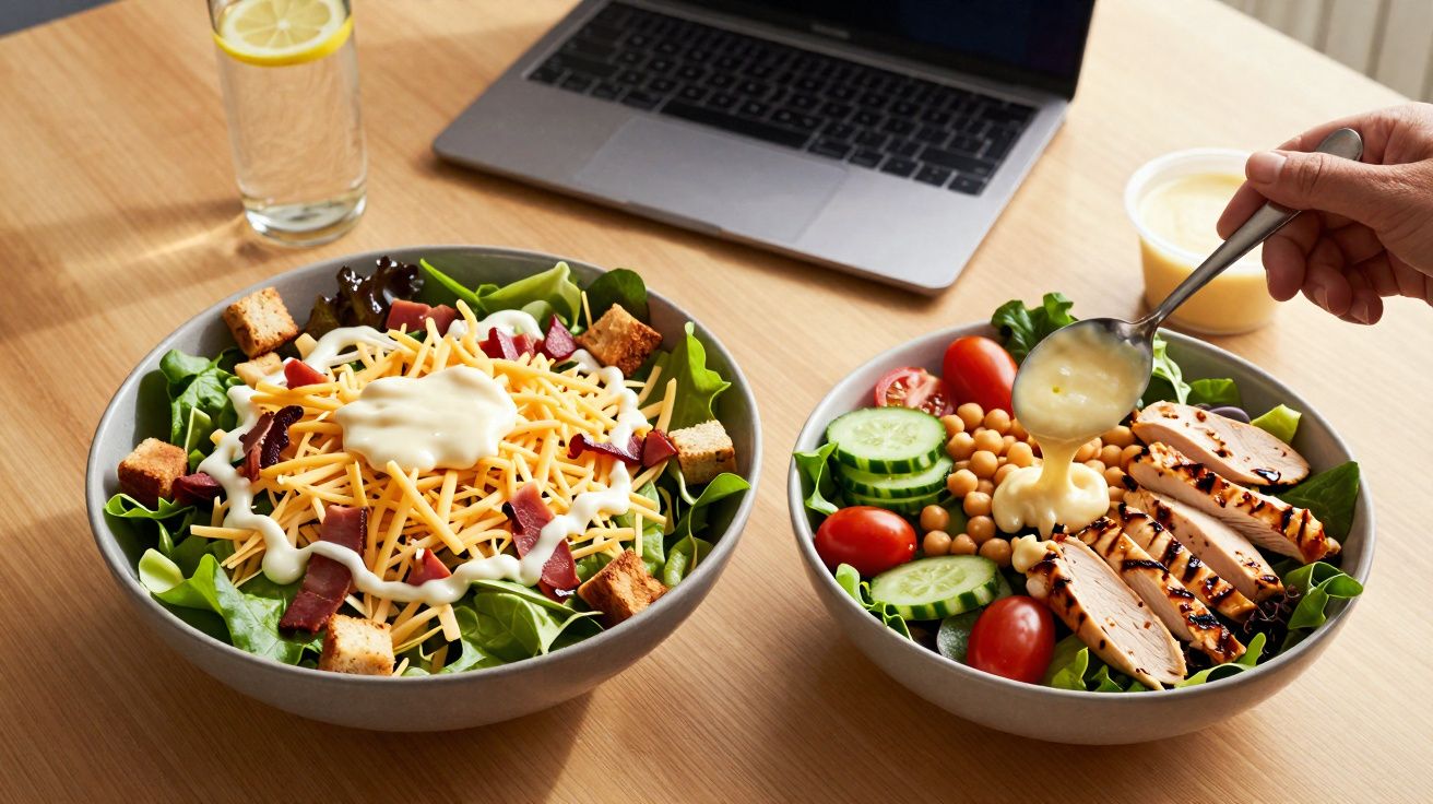 Duas tigelas de salada com vegetais, queijo, frango grelhado e molho sendo servido, sobre mesa com laptop e copo.