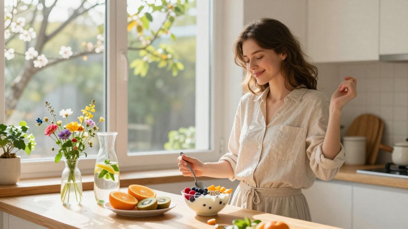 Mulher sorrindo prepara café da manhã com frutas frescas em cozinha iluminada ao sol.