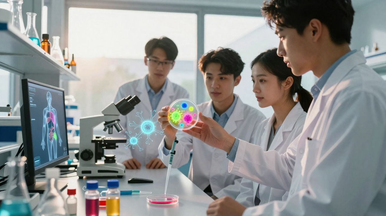 Grupo de pesquisadores em laboratório analisando cultura de bactérias em placa de petri.