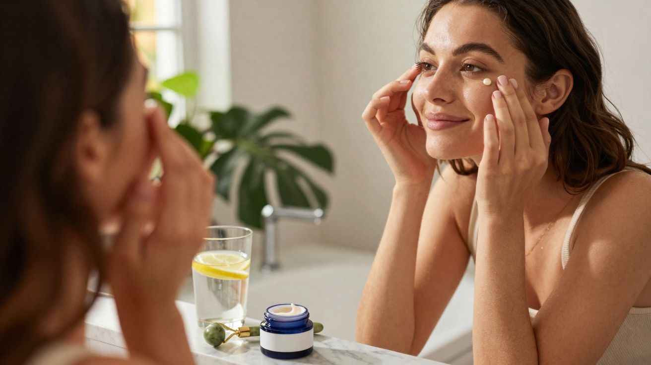 Mulher aplicando creme facial ao se olhar no espelho no banheiro.