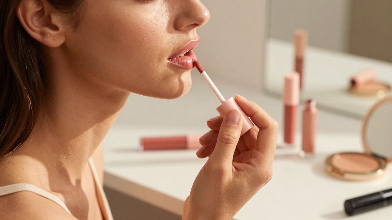 Mulher aplicando gloss labial rosa claro em frente a espelho com maquiagem ao fundo.