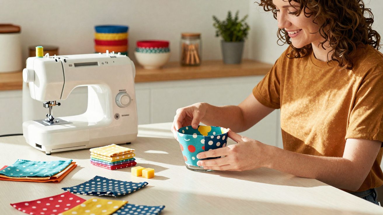 Mulher sorrindo fazendo artesanato com tecido colorido e máquina de costura em mesa iluminada.
