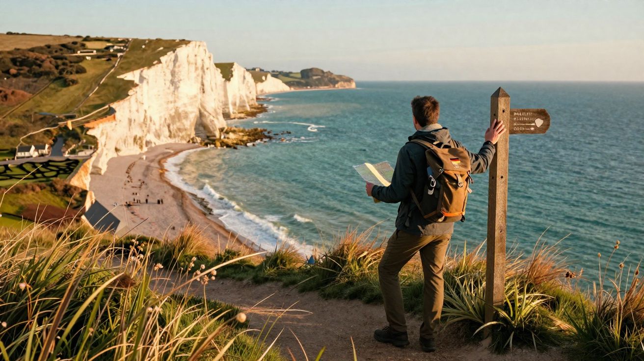 Homem com mochila segurando mapa em trilha perto de falésias brancas e mar sob luz do entardecer.